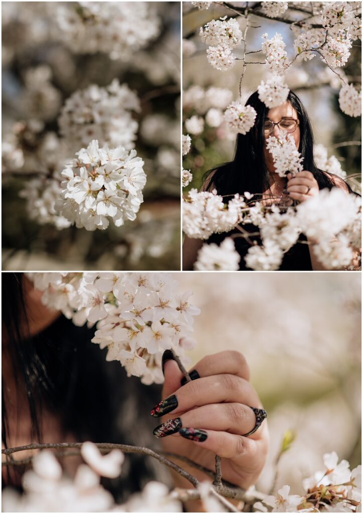 white blooms on a tree during an engagement session at Oakland Cemetery in Atlanta georgia. Goth bride 2025