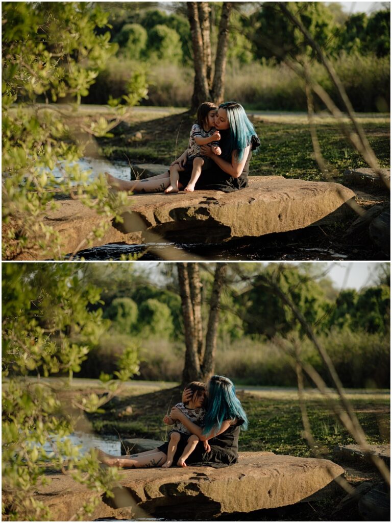 mom and toddler pose for mommy and me session at Gerrard landing park for Flowery Branch photographer 