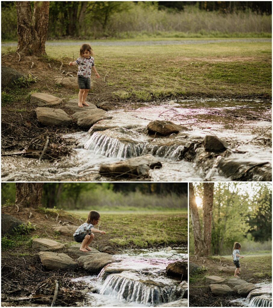 little boy playing on a rock near a creek during his mommy and me session at Gerrard landing park 