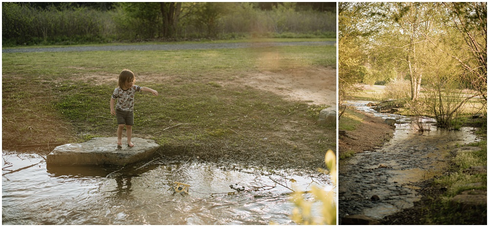 little boy playing on a rock near a creek during his mommy and me session at Gerrard landing park 