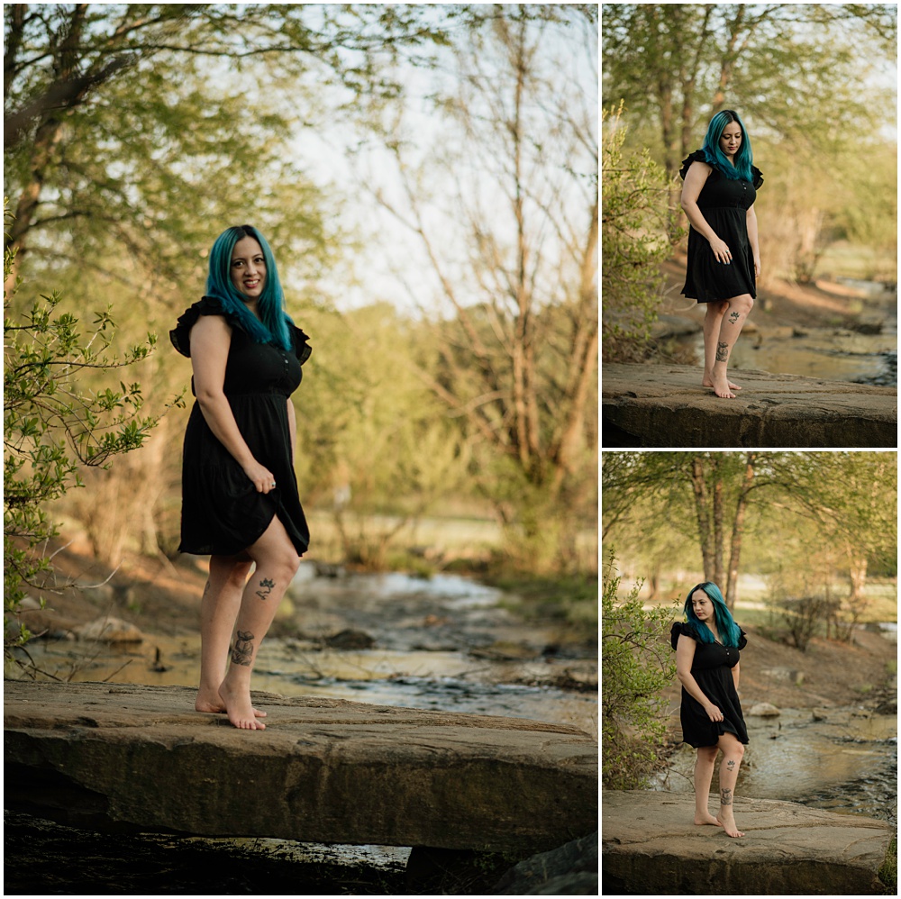 woman posing on a rock during her mommy and me session at Gerrard landing park 