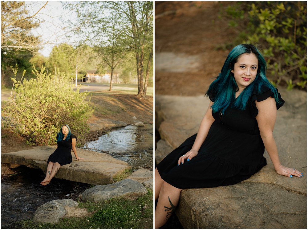 woman posing on a rock during her mommy and me session at Gerrard landing park 