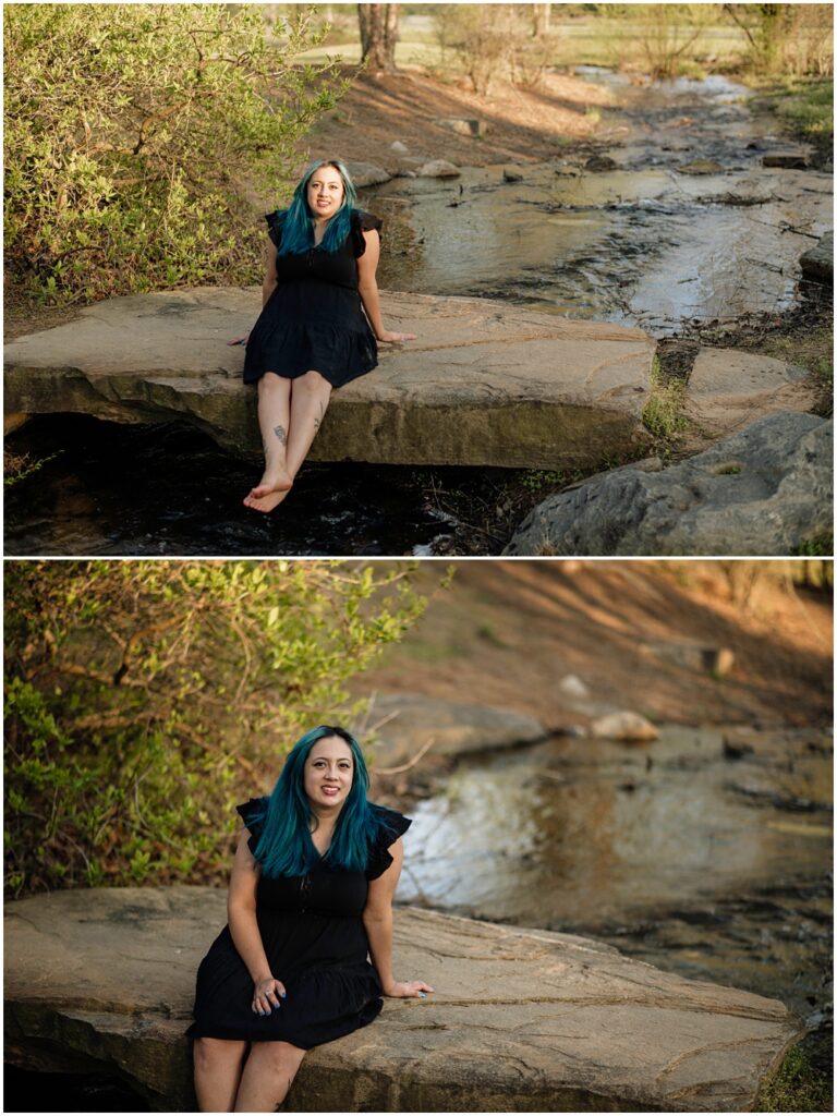 woman posing on a rock during her mommy and me session at Gerrard landing park 