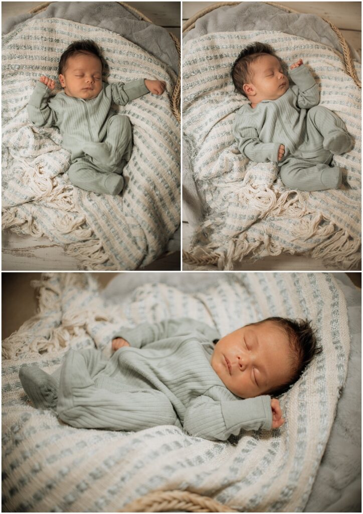 Flowery Branch photographer has a newborn baby in the studio. This little boy is laid out in a moses basket. 