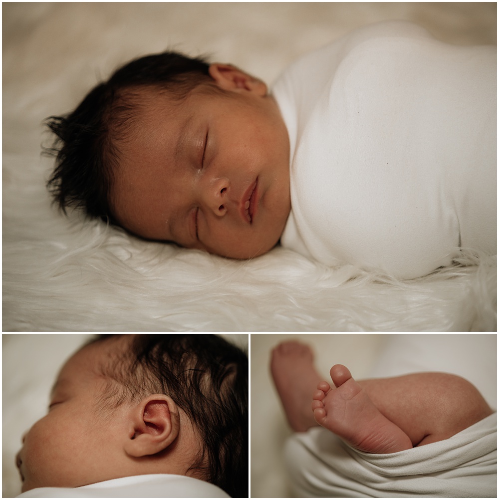 Flowery Branch photographer takes close up photos of the newborn during his newborn studio session 