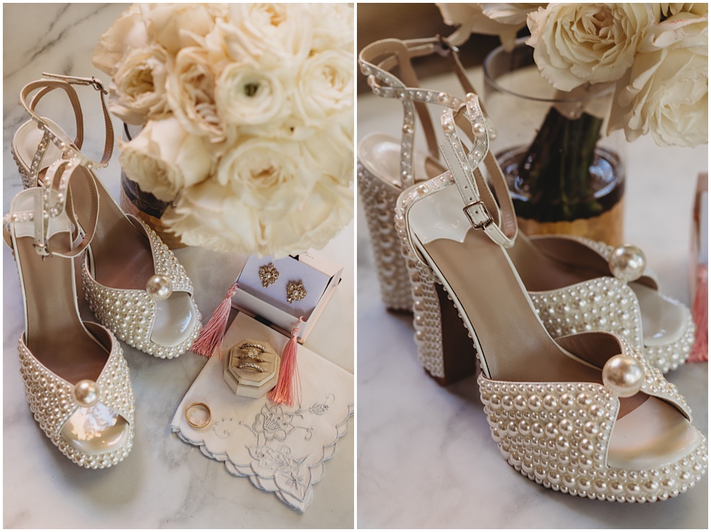 Atlanta wedding photographer photographs the Bride's shoes, bouquet, hankerchief, earrings and wedding rings as part of their wedding details. 