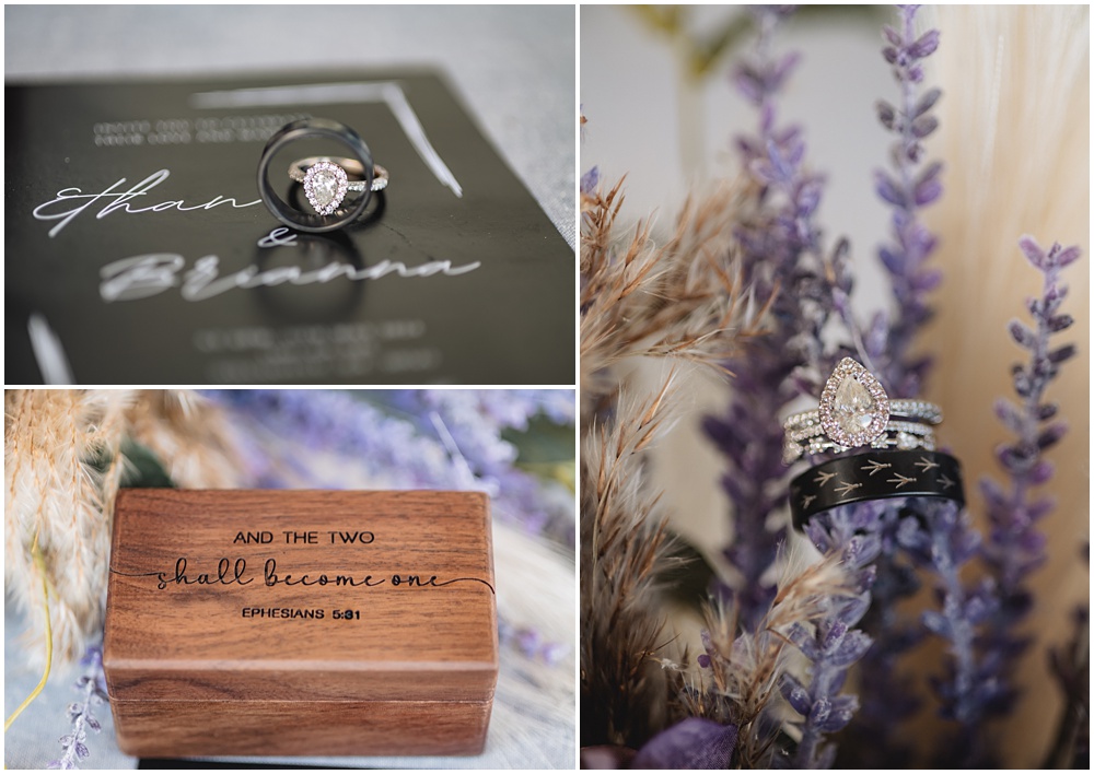 atlanta wedding photographer photographs wedding details. The wedding rings laid out on top of the wedding invitation, the wedding rings on a strand of flowers as well as the wedding ring box. 