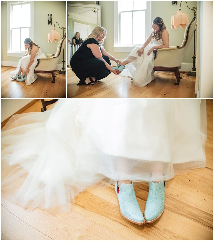 North Georgia photographer photographs the Bridesmaid helping the Bride put her boots on before the wedding 