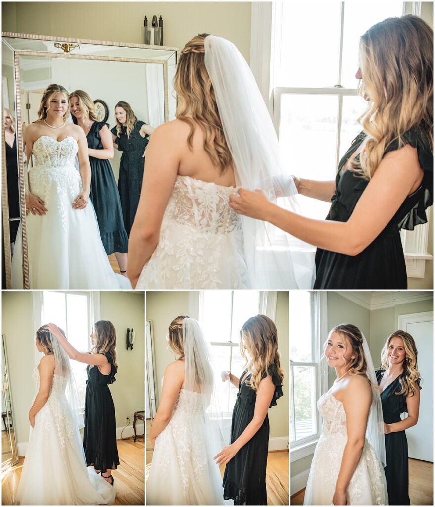 North Georgia photographer photographs the Bridesmaid put the veil on the Bride's head