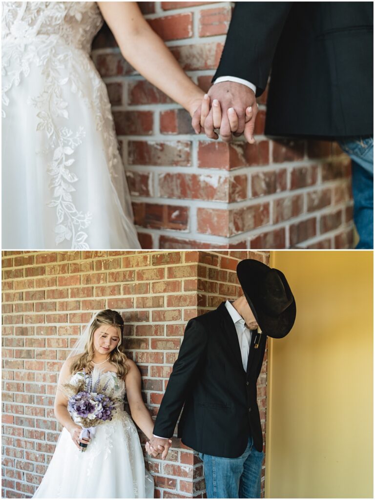 North Georgia photographer photographs the Bride and Groom saying a prayer during their first touch 