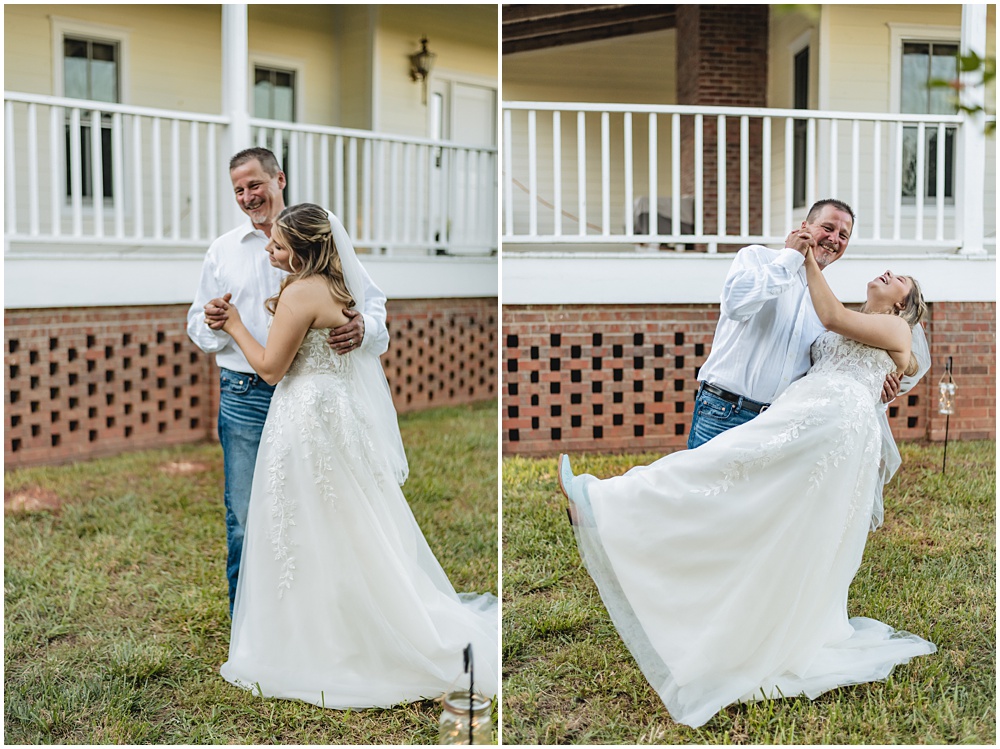 North Georgia photographer photographs a wedding in the country for a young couple in the north Georgia mountains. Photographed here is the Bride dancing with her dad as he dips her down 